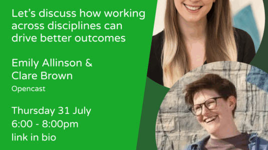 NUX Newcastle – Let’s discuss how working across disciplines can drive better outcomes Promotional banner for the NUX Newcastle event titled "Letโs discuss how working across disciplines can drive better outcomes". The event features Emily Allinson and Clare Brown from Opencast. It takes place on Thursday 31 July 2025, from 6:00 to 8:00pm at Hedgehog Lab, One Strawberry Lane, Newcastle upon Tyne, NE1 4BX. The banner includes the NUX Newcastle logo, event details, and professional photos of the two speakers. Hedgehog Lab is thanked as the event sponsor.